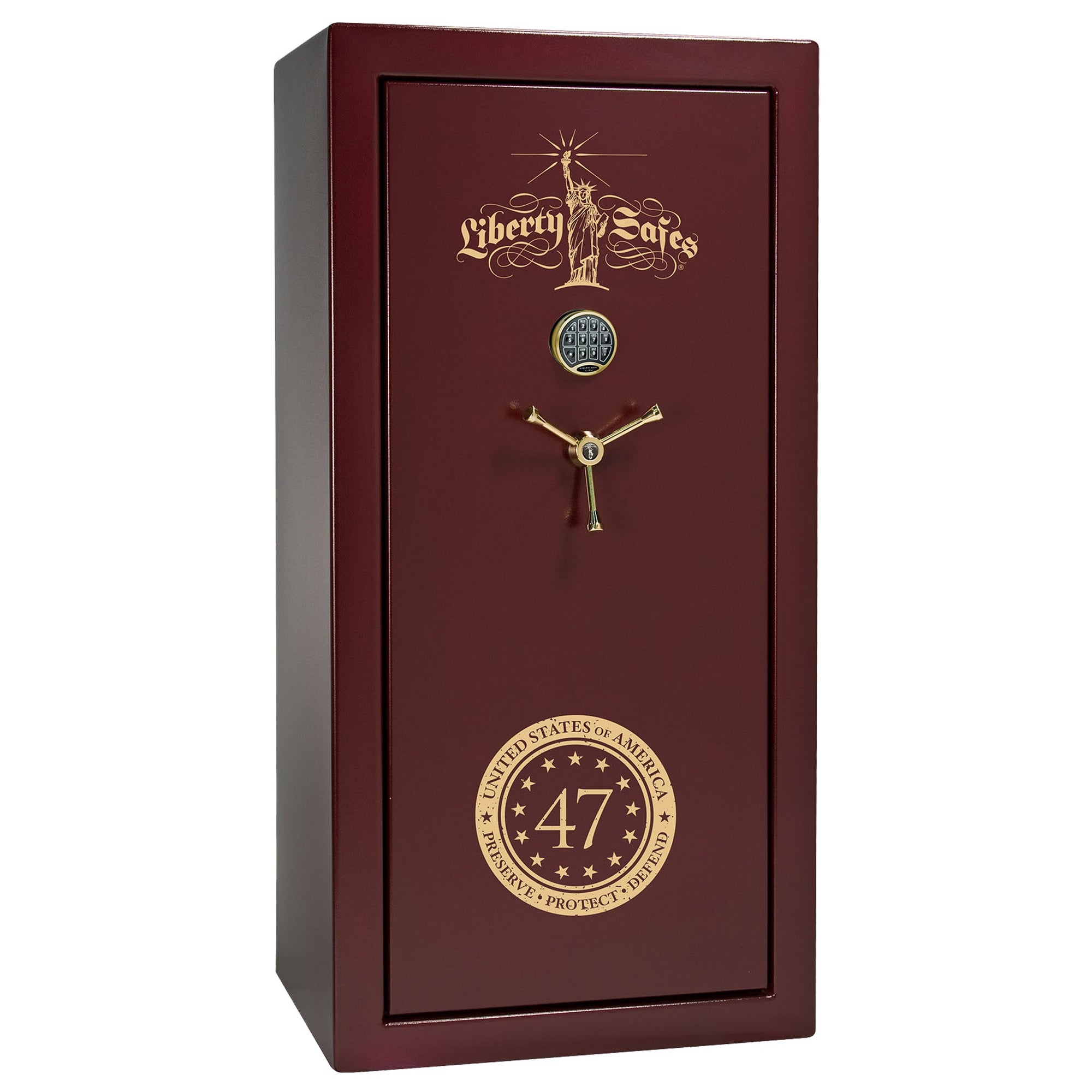 Liberty 47 Limited Edition Safe - USA 30 | Level 3 Security | 60 Minute Fire Rating | Dimensions: 60.5"(H) x 30"(W) x 22"(D) | Burgundy Marble with Gold Commemorative Logo | Electronic Lock – Closed Door